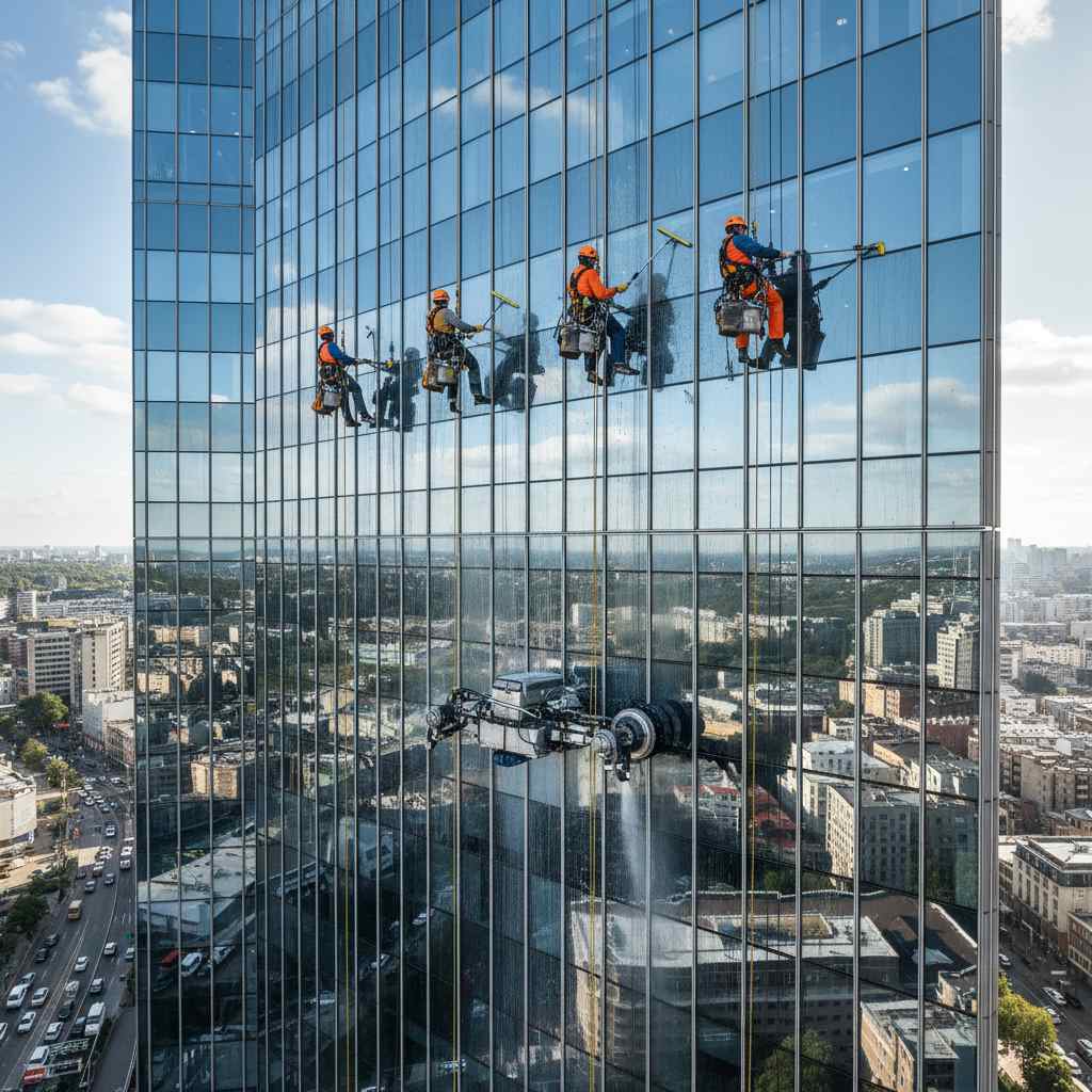 تمیزکاری نمای کرتین وال در یک ساختمان بلند - Curtain wall cleaning maintenance