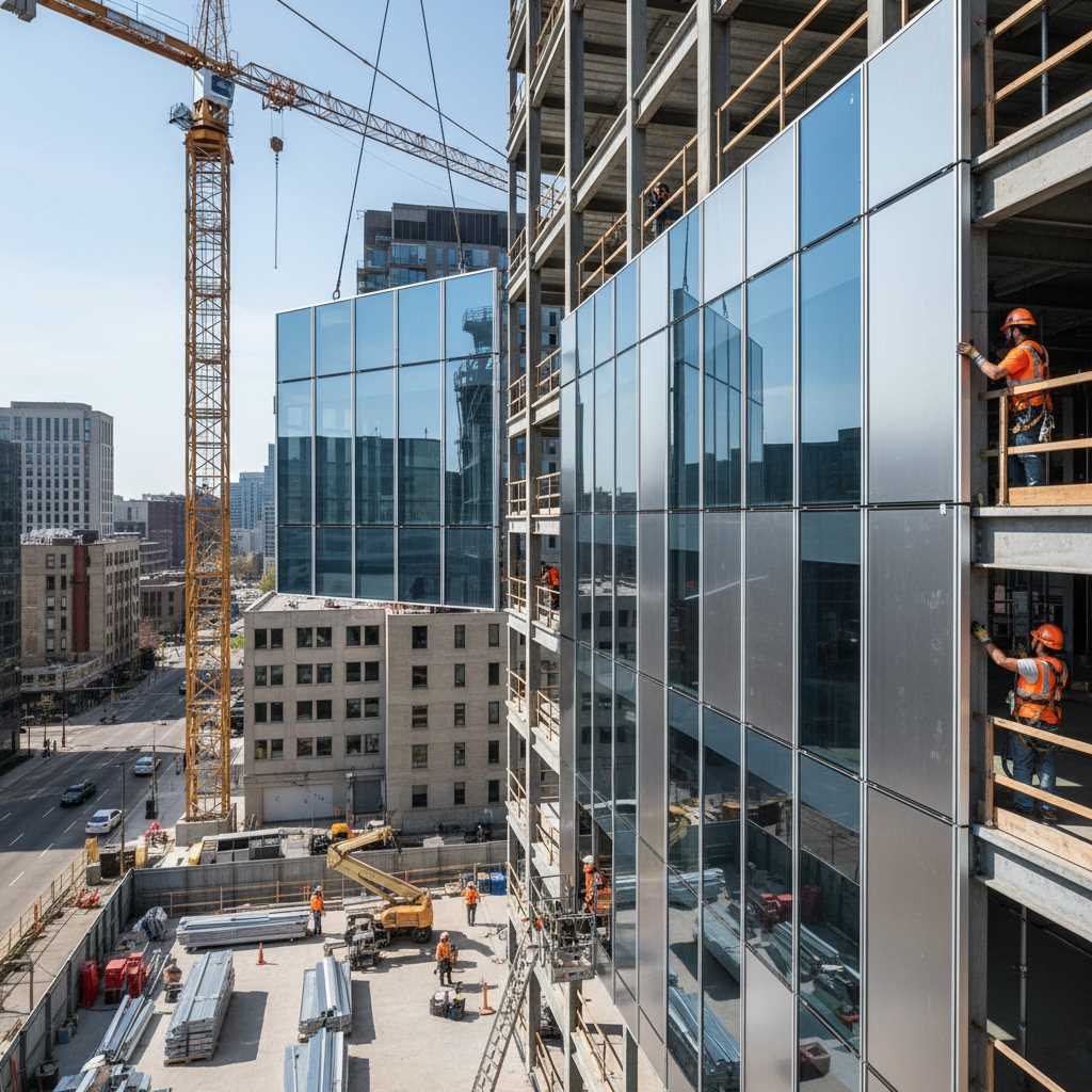 facade-installation-site - نمای در حال نصب با جرثقیل و کارگران