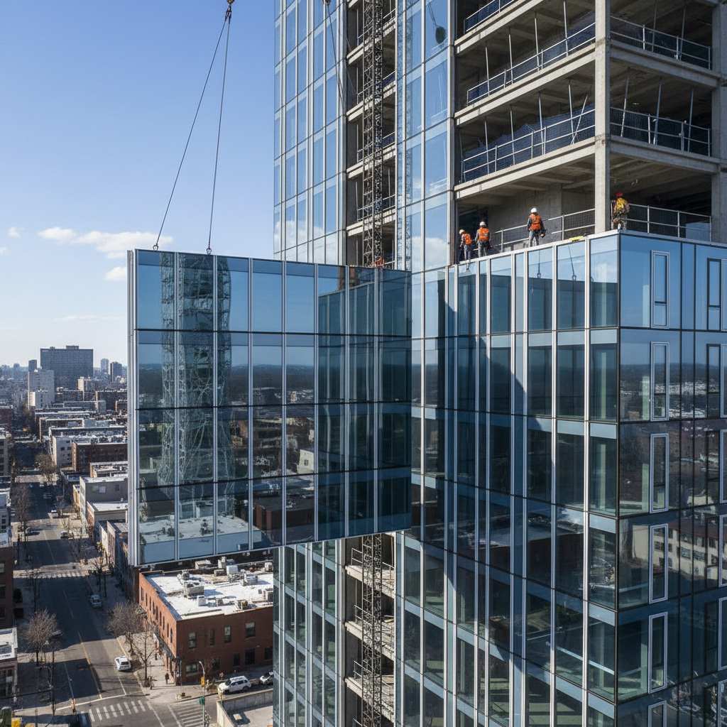 unitized-curtain-wall-installation - نصب پانل یونیتایز با جرثقیل