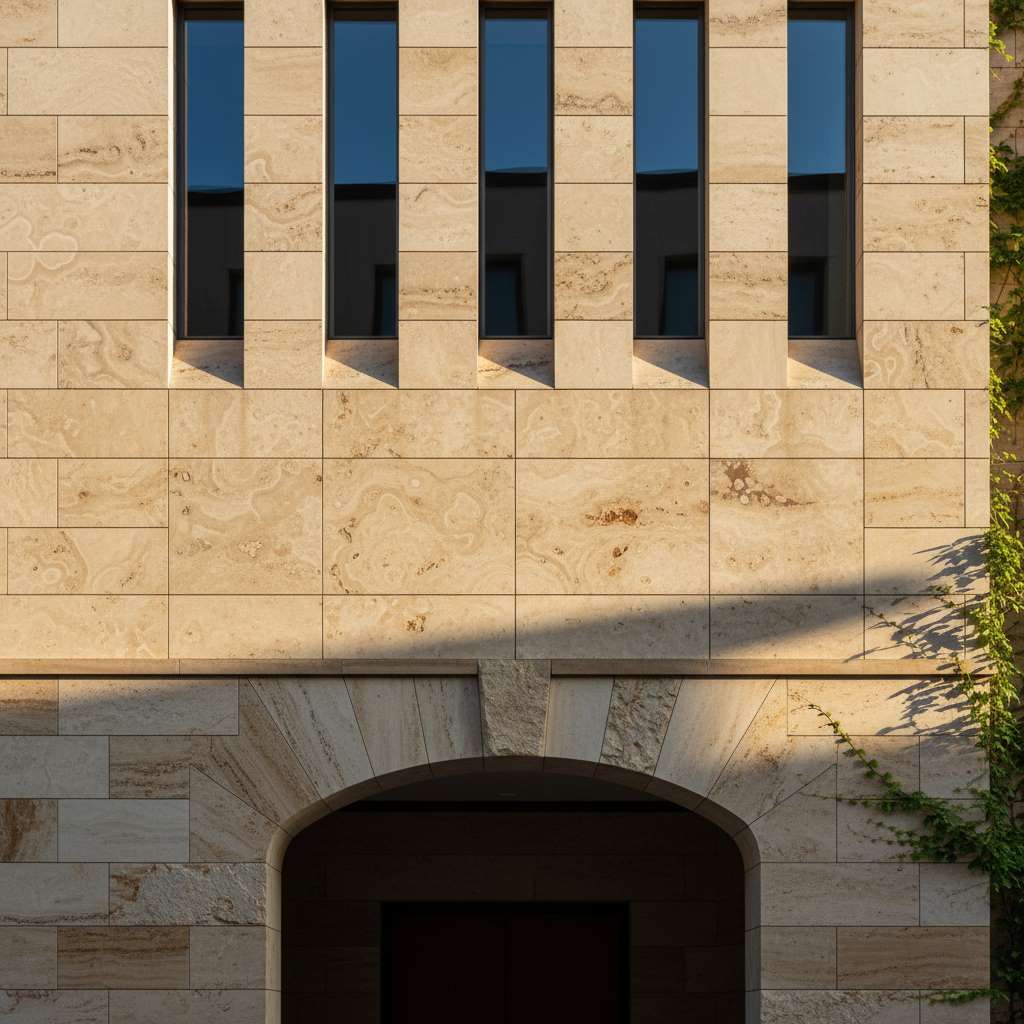 [تصویر: نمای ساختمان با تراورتن - Travertine building facade]