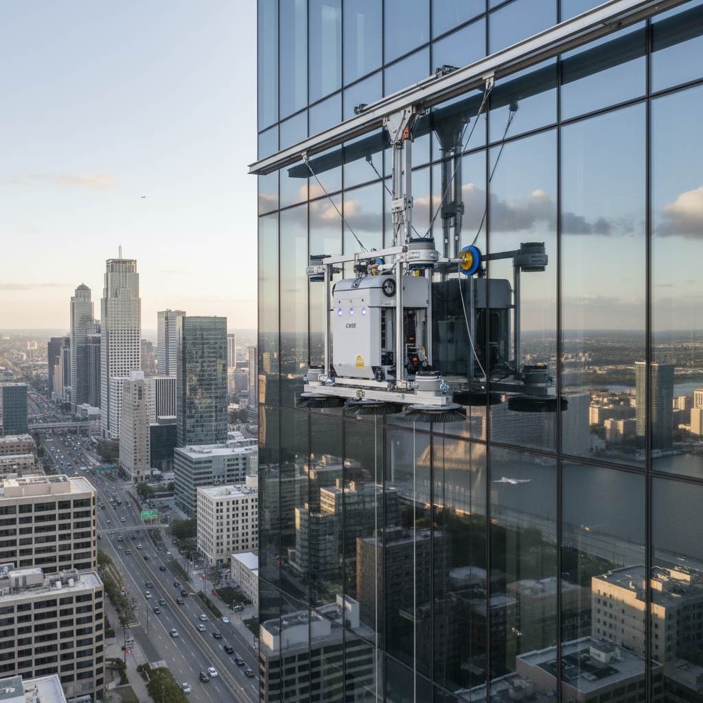 facade-cleaning-robot.jpg - ربات نظافت نما در حال کار روی ساختمان بلند]